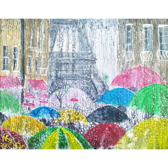Art Print my Original Work 11" x 14" "Eiffel Tower in Paris Rain" Acid Free - Picture 1 of 1